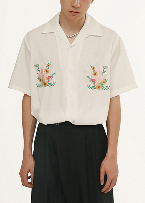 Loose Blackish Green Embroideried Button Cotton Mens Shirts Summer