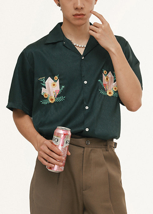 Loose Blackish Green Embroideried Button Cotton Mens Shirts Summer