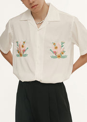 Loose Blackish Green Embroideried Button Cotton Mens Shirts Summer