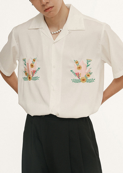 Loose Blackish Green Embroideried Button Cotton Mens Shirts Summer