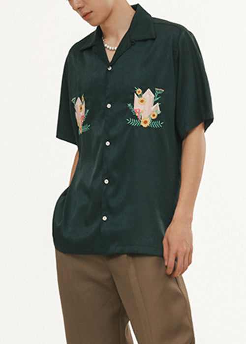 Loose Blackish Green Embroideried Button Cotton Mens Shirts Summer