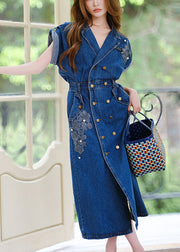 Loose Blue Backless Double Breast Denim Long Dresses Summer
