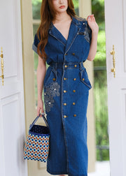 Loose Blue Backless Double Breast Denim Long Dresses Summer