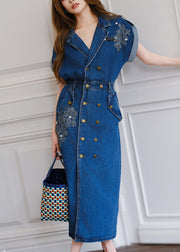Loose Blue Backless Double Breast Denim Long Dresses Summer