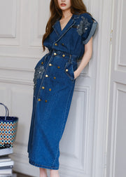 Loose Blue Backless Double Breast Denim Long Dresses Summer