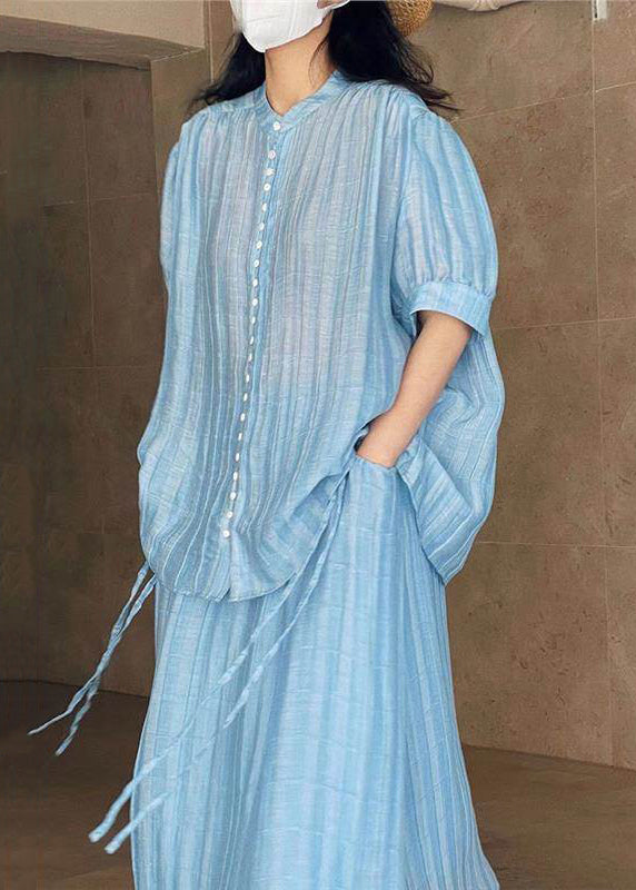 Loose Blue Button Blouses Solid And Skirts Two Pieces Set Summer