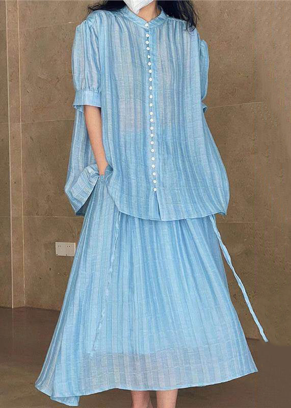 Loose Blue Button Blouses Solid And Skirts Two Pieces Set Summer