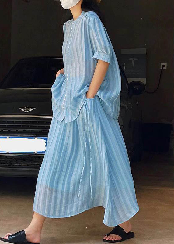 Loose Blue Button Blouses Solid And Skirts Two Pieces Set Summer