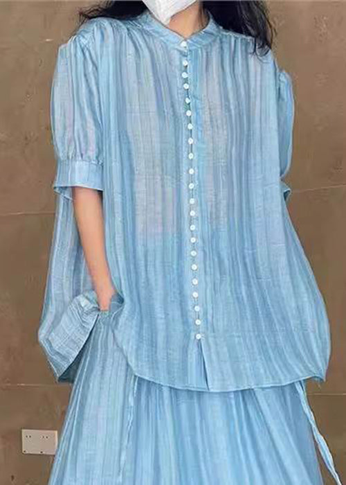 Loose Blue Button Blouses Solid And Skirts Two Pieces Set Summer