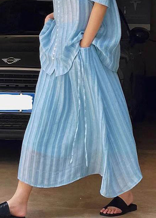 Loose Blue Button Blouses Solid And Skirts Two Pieces Set Summer