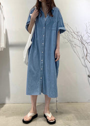 Loose Blue Button Pockets Side Open Denim Shirts Dress Summer