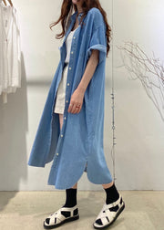 Loose Blue Button Pockets Side Open Denim Shirts Dress Summer