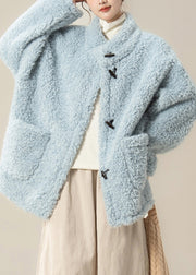 Loose Blue Button Pockets Teddy Faux Fur Coats Winter