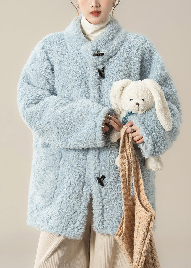 Loose Blue Button Pockets Teddy Faux Fur Coats Winter