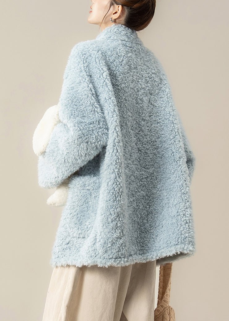 Loose Blue Button Pockets Teddy Faux Fur Coats Winter