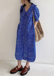 Loose Blue Button Print Pockets Cotton Shirts Dress Summer