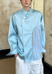 Loose Blue Chinese Button Wrinkled Patchwork Cotton Men Shirt Fall