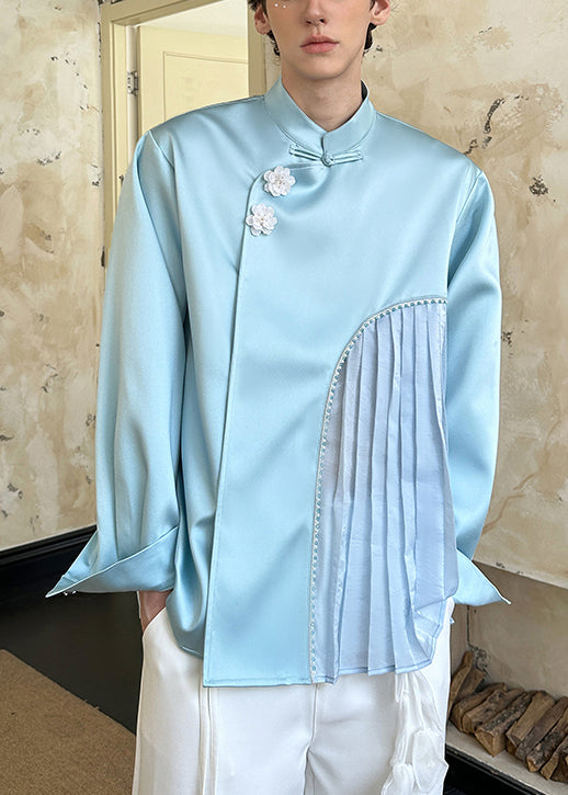 Loose Blue Chinese Button Wrinkled Patchwork Cotton Men Shirt Fall