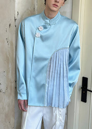 Loose Blue Chinese Button Wrinkled Patchwork Cotton Men Shirt Fall