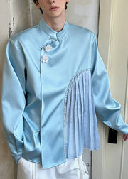 Loose Blue Chinese Button Wrinkled Patchwork Cotton Men Shirt Fall