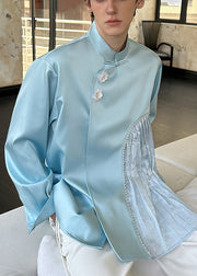 Loose Blue Chinese Button Wrinkled Patchwork Cotton Men Shirt Fall