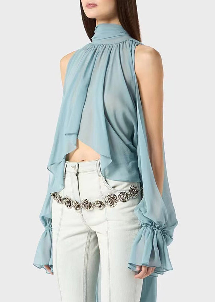 Loose Blue Cold Shoulder Wrinkled Chiffon Blouse Fall