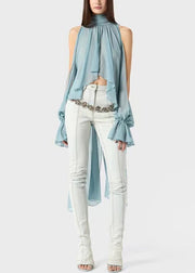 Loose Blue Cold Shoulder Wrinkled Chiffon Blouse Fall