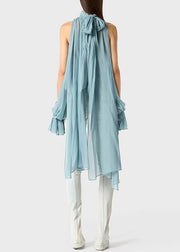 Loose Blue Cold Shoulder Wrinkled Chiffon Blouse Fall