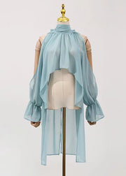 Loose Blue Cold Shoulder Wrinkled Chiffon Blouse Fall