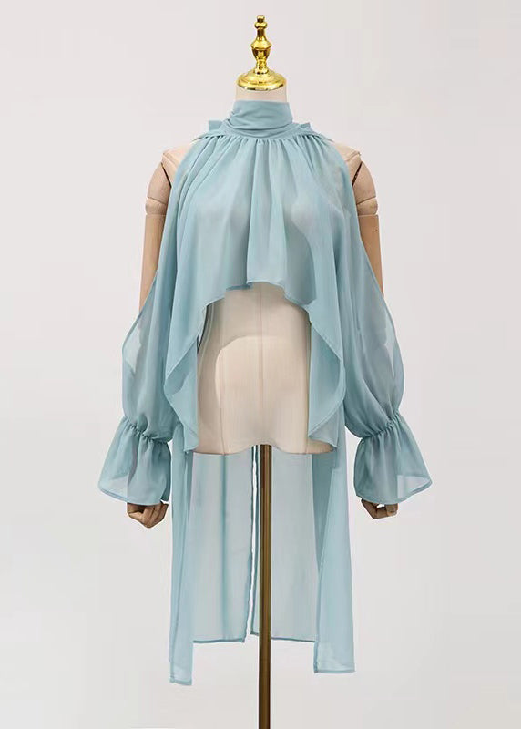 Loose Blue Cold Shoulder Wrinkled Chiffon Blouse Fall