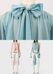 Loose Blue Cold Shoulder Wrinkled Chiffon Blouse Fall