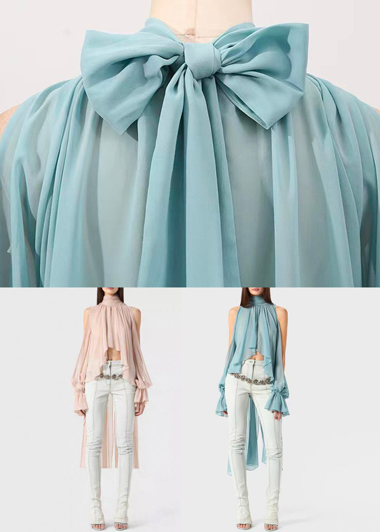 Loose Blue Cold Shoulder Wrinkled Chiffon Blouse Fall