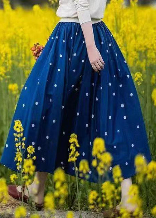 Loose Blue Dot Elastic Waist Cotton Skirt Summer