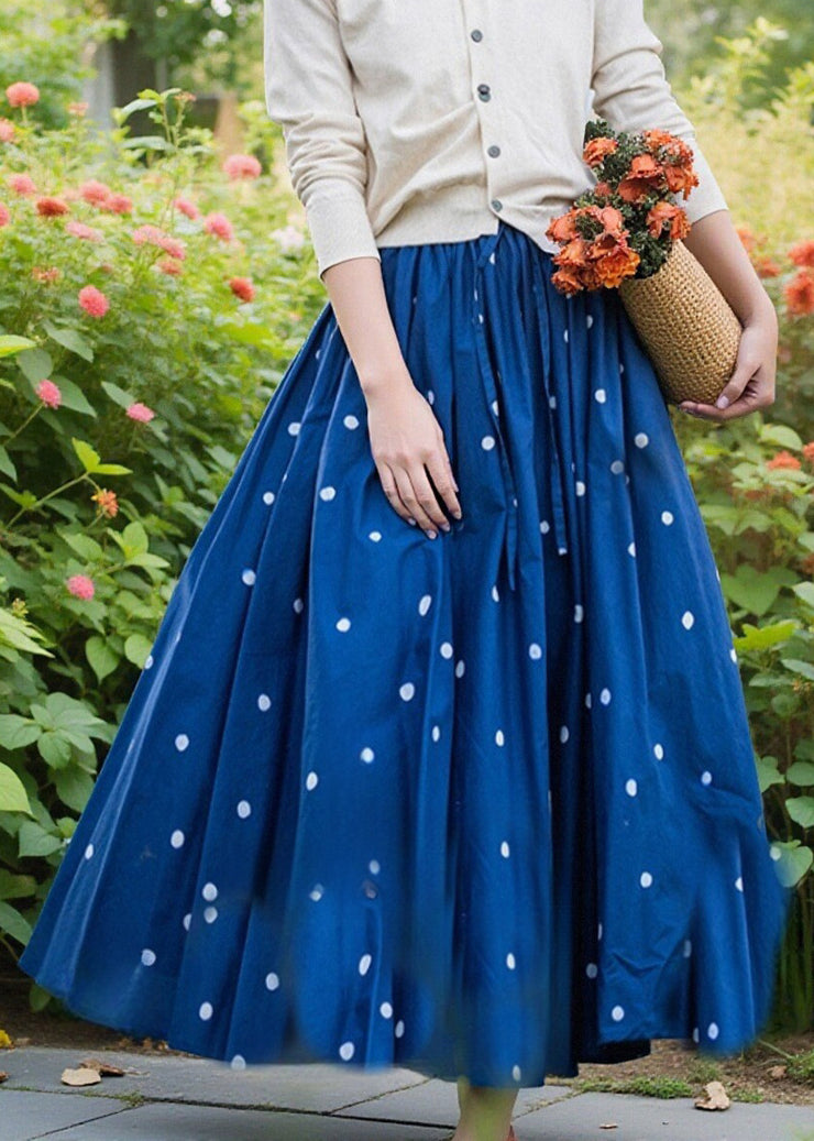 Loose Blue Dot Elastic Waist Cotton Skirt Summer