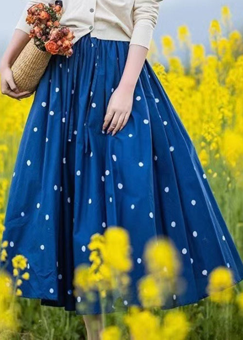 Loose Blue Dot Elastic Waist Cotton Skirt Summer