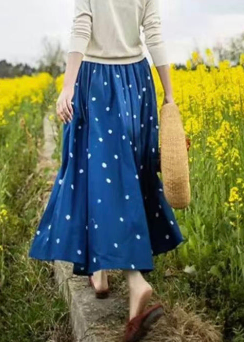 Loose Blue Dot Elastic Waist Cotton Skirt Summer