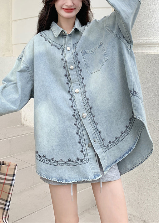 Loose Blue Embroidered Button Pockets Denim Coats Fall
