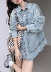 Loose Blue Embroidered Button Pockets Denim Coats Fall