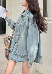 Loose Blue Embroidered Button Pockets Denim Coats Fall