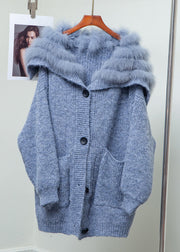 Loose Blue Fox Collar Button Pockets Patchwork Knit Coats Winter