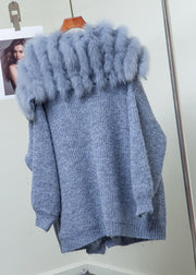 Loose Blue Fox Collar Button Pockets Patchwork Knit Coats Winter