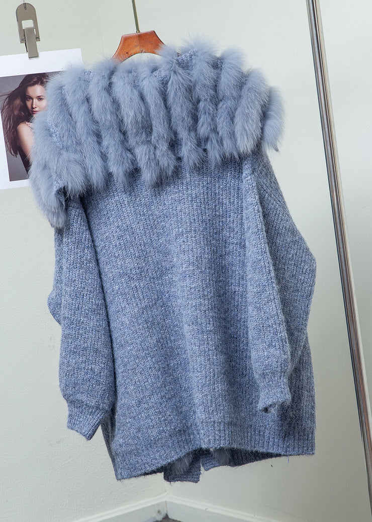 Loose Blue Fox Collar Button Pockets Patchwork Knit Coats Winter