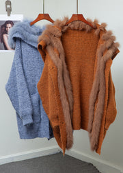 Loose Blue Fox Collar Button Pockets Patchwork Knit Coats Winter