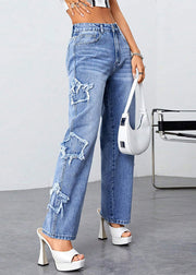 Loose Blue High Waist Patchwork Denim Pants Summer