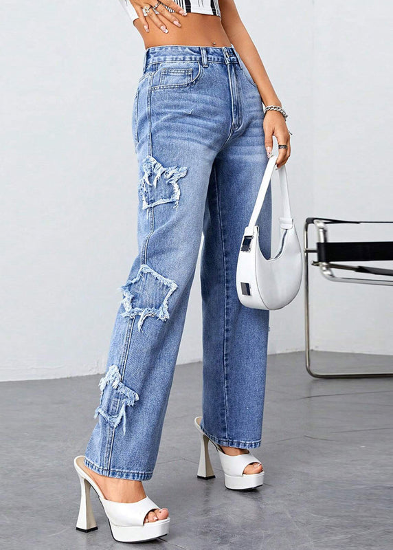Loose Blue High Waist Patchwork Denim Pants Summer