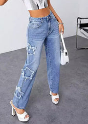 Loose Blue High Waist Patchwork Denim Pants Summer