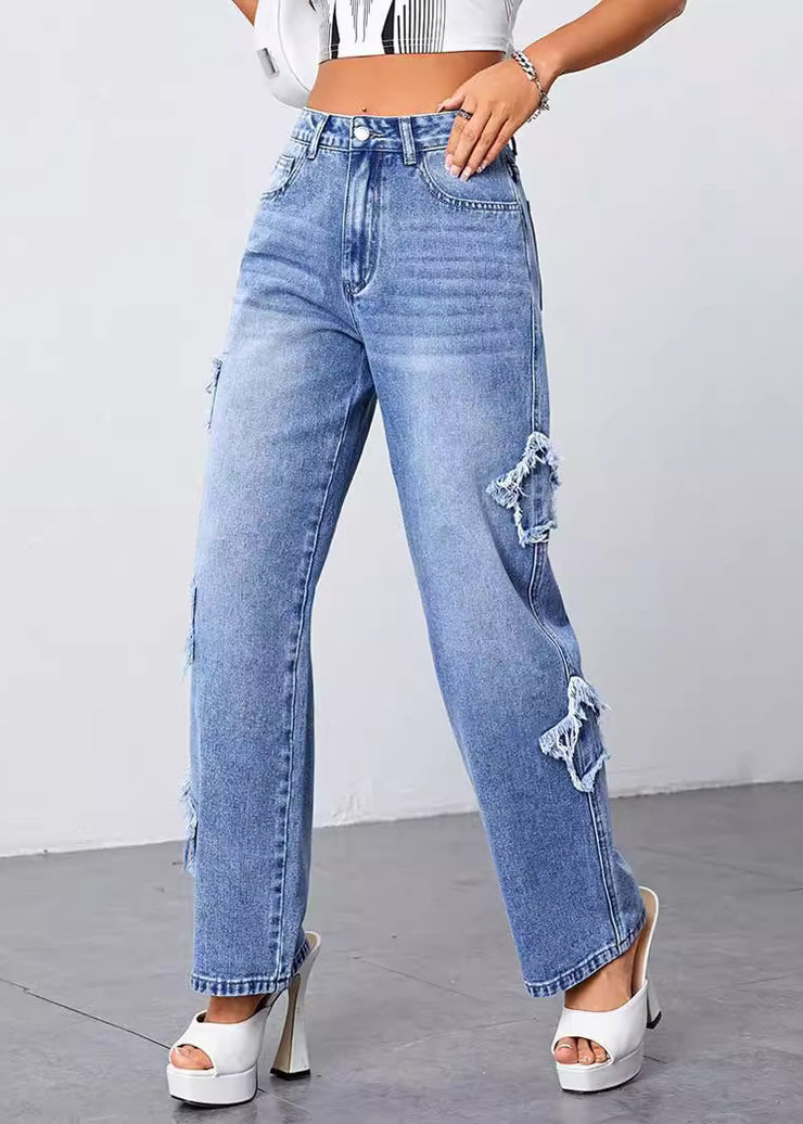 Loose Blue High Waist Patchwork Denim Pants Summer