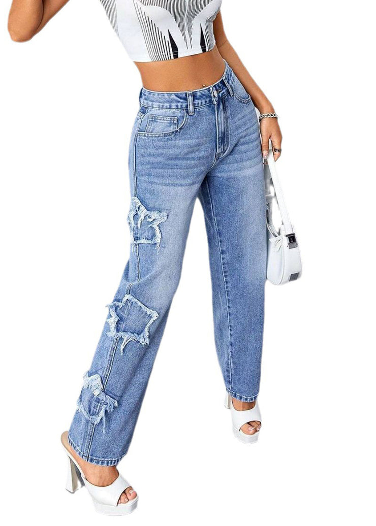 Loose Blue High Waist Patchwork Denim Pants Summer