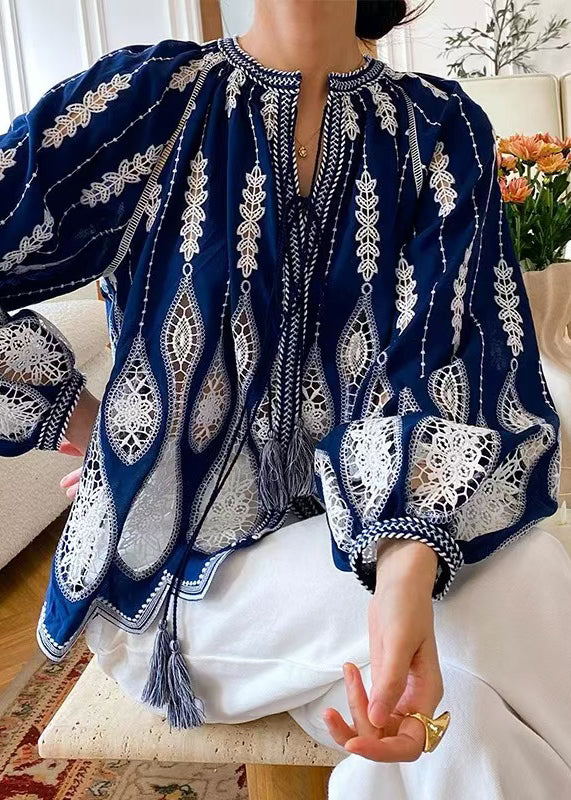 Loose Blue Hollow Out Lace Up Cotton Blouses Spring