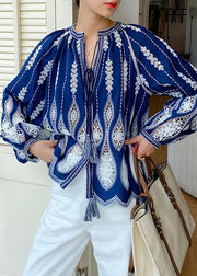 Loose Blue Hollow Out Lace Up Cotton Blouses Spring